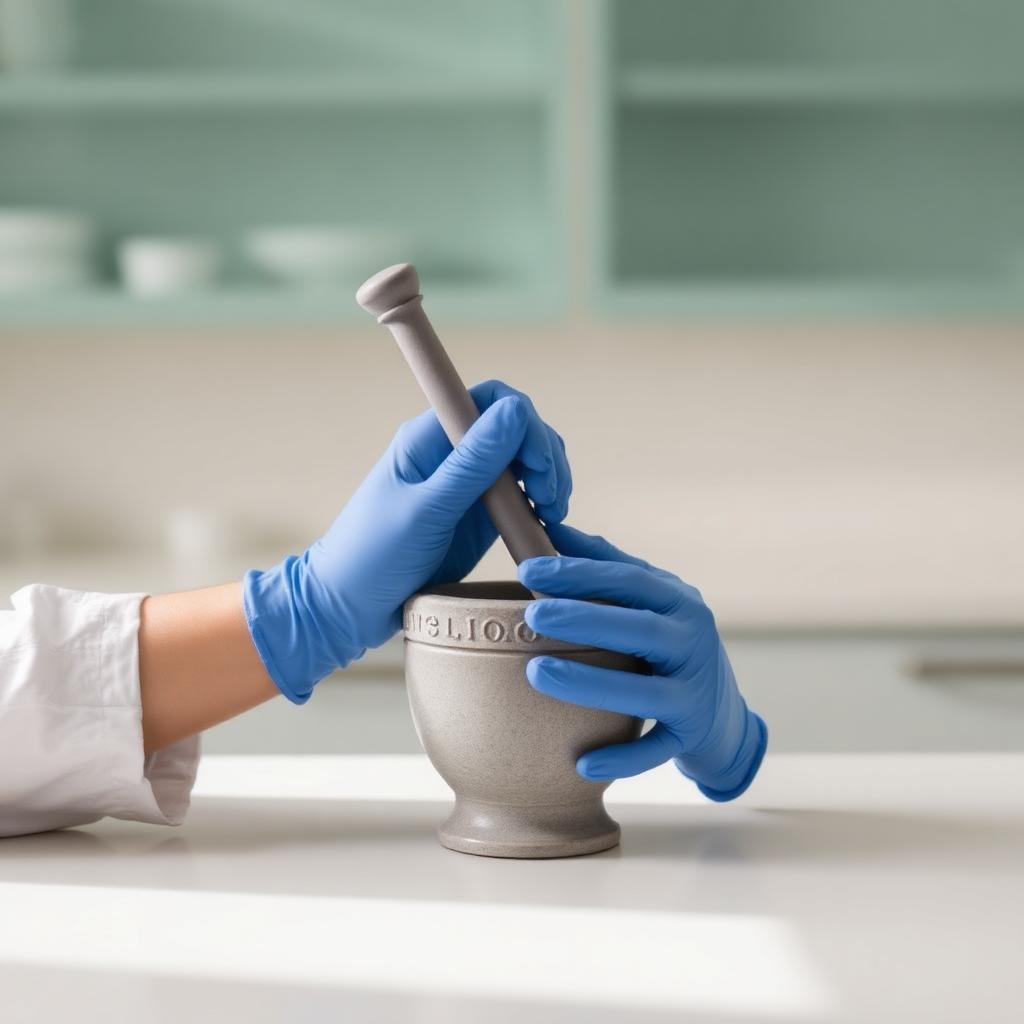 Pharmacist in blue nitrile gloves compounding medication with mortar and pestle in a clean lab